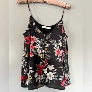 Lush Black Floral V-Neck Spaghetti Strap lined Cami Top medium